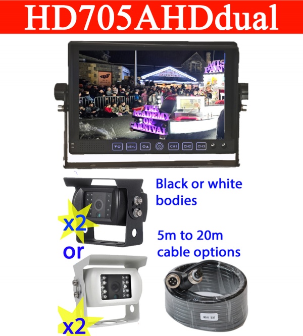 Heavy duty 7 inch AHD dash mount monitor and 2 bracket reversing cameras